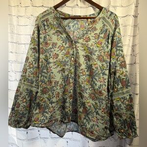 Soft Surroundings Floral Button-Front Long Sleeve Blouse - Sage Green